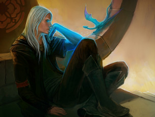 Картинка фэнтези люди парень арт белые волосы магия дракон голубой