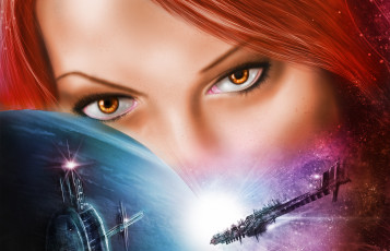 Картинка фэнтези девушки планета галактика космос глаза взгляд красные волосы лицо