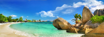 Картинка природа тропики побережье панорама камни пальмы океан