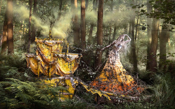 Картинка фэнтези фотоарт паруса девушка лес желтые
