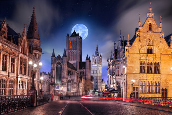 Картинка города -+улицы +площади +набережные луна ночь гент восточная фландрия город провинция выдержка огни улица дома бельгия