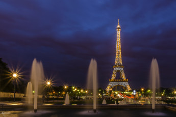 обоя города, париж , франция, ночь, башня, огни