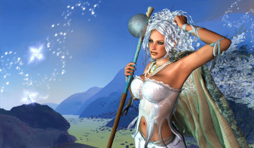 Картинка 3д+графика фантазия+ fantasy горы шест фон взгляд девушка