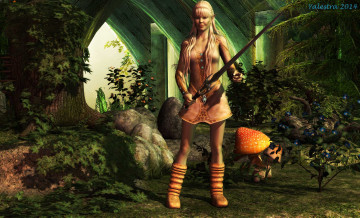 Картинка 3д+графика фантазия+ fantasy грибы оружие фон взгляд девушка