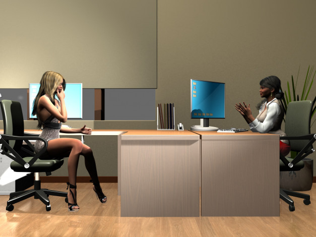 Обои картинки фото 3д графика, люди , people, фон, столы, офис, девушки, взгляд