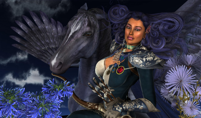 Обои картинки фото 3д графика, фантазия , fantasy, лошадь, цветы, девушка, оружие, взгляд, фон
