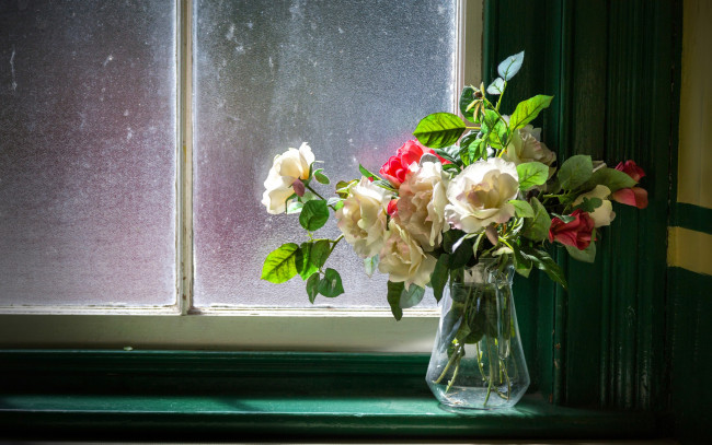 Обои картинки фото цветы, розы, букет, ваза, окно
