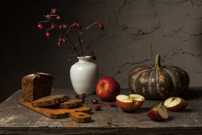 Обои картинки фото еда, натюрморт, яблоки, тыква, хлеб