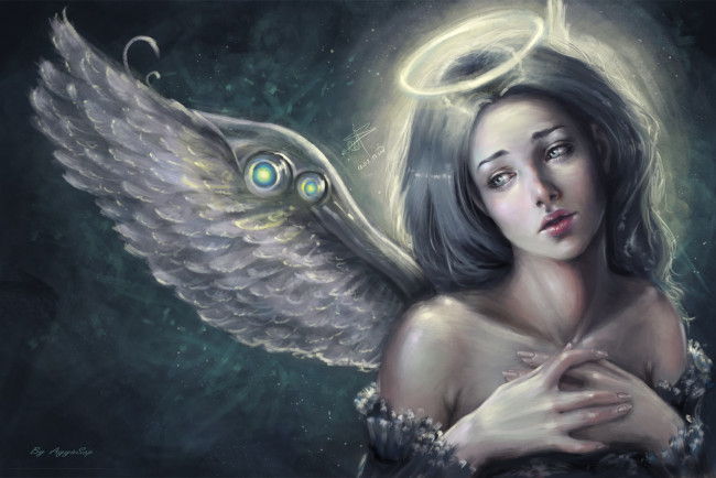 Обои картинки фото фэнтези, ангелы, angel, лицо, крылья, нимб, взгляд, фантастика, арт, ангел, девушка