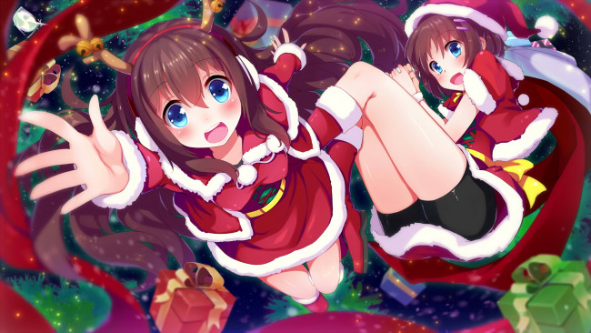 Обои картинки фото аниме, зима,  новый год,  рождество, взгляд, девушки, фон