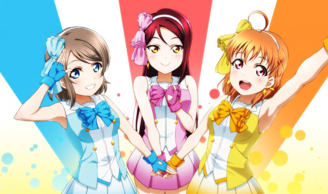 Обои картинки фото аниме, love live,  school idol project, взгляд, девушки, фон