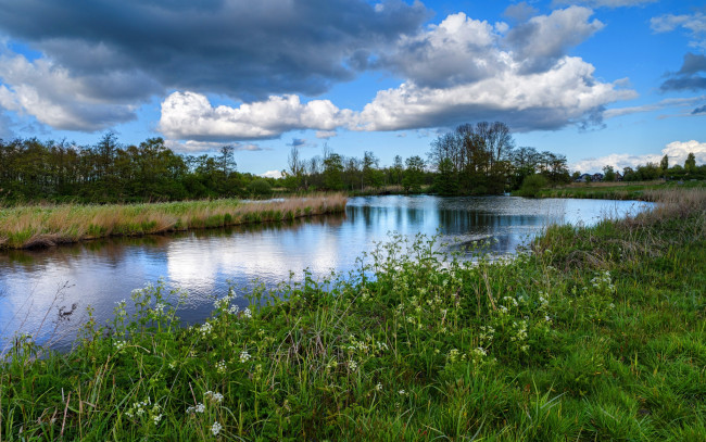 Обои картинки фото природа, реки, озера, twiske, домики, камыши, река, деревья, кусты, нидерланды, облака, трава, небо, зелень
