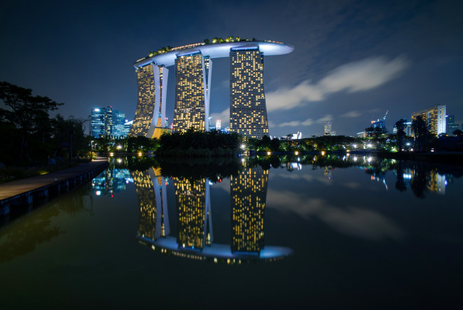 Обои картинки фото города, сингапур , сингапур, marina, bay, отель, огни, ночь