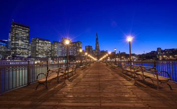 Картинка города сан-франциско+ сша мост скамейки фонари ночь сан-франциско огни