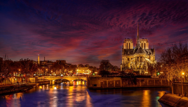 Обои картинки фото города, париж , франция, ночь, париж, город, notre, dame