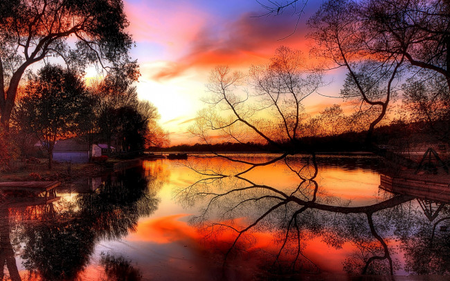 Обои картинки фото природа, восходы, закаты, водоем, деревья, озеро