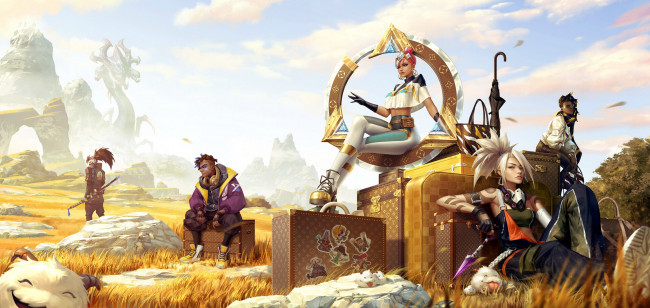 Обои картинки фото видео игры, league of legends, персонажи, чемоданы, камни, трава, горы