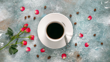 Картинка еда кофе +кофейные+зёрна розы лепестки
