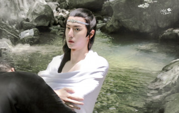 Картинка мужчины wang+yi+bo актер съемки полотенце озеро