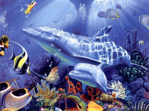 обоя морские, глубины, рисованные, животные, рыба, дельфин