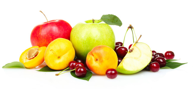 Обои картинки фото еда, фрукты, ягоды, яблоки, персики, черешня