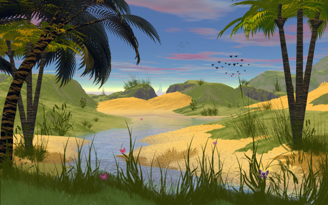 Обои картинки фото рисованные, природа, пальмы, птицы, трава, облака, вода, песок