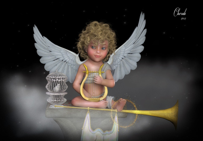 Обои картинки фото 3д, графика, angel, ангел, труба, крилья