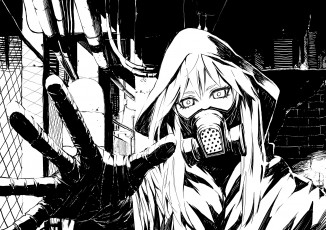 Картинка by idsuru921 аниме weapon blood technology трубы рука девушка забор капюшон противогаз город сетка