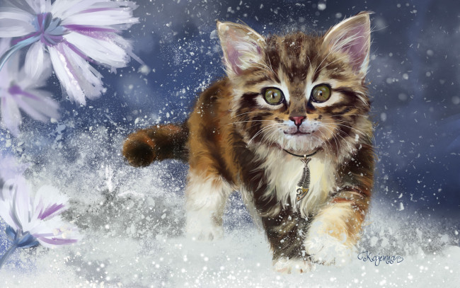 Обои картинки фото рисованные, животные,  коты, взгляд, котенок, снег, ушки