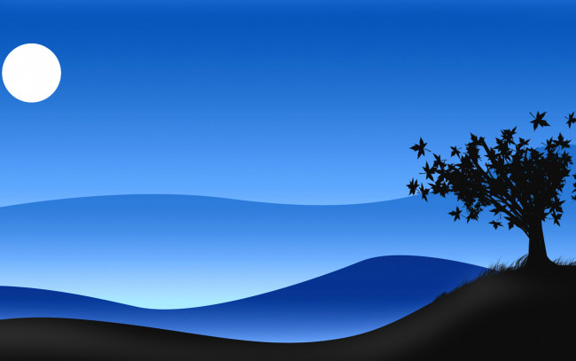 Обои картинки фото векторная графика, природа, куст, силуэт, дерево, луна, ночь, небо