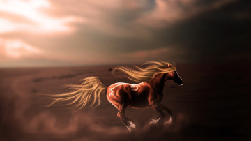 Картинка рисованное животные +лошади лощадь животное скачет взгляд профиль грива пыль небо