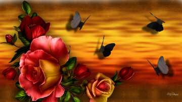 Картинка векторная+графика цветы+ flowers коллаж бабочки цветы букет роза