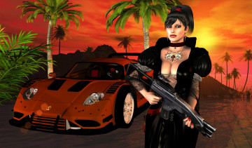 обоя автомобили, 3d car&girl, автомобиль, фон, взгляд, девушка, пальмы, оружие