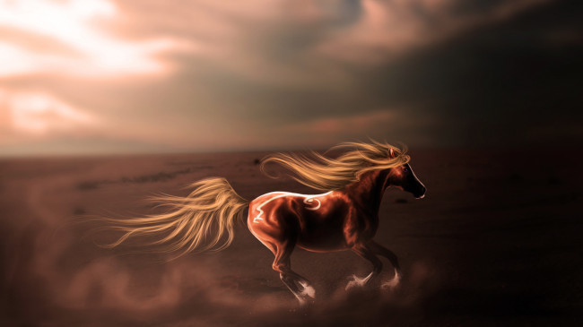 Обои картинки фото рисованное, животные,  лошади, лощадь, животное, скачет, взгляд, профиль, грива, пыль, небо