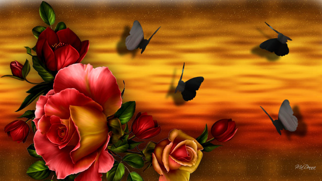 Обои картинки фото векторная графика, цветы , flowers, коллаж, бабочки, цветы, букет, роза