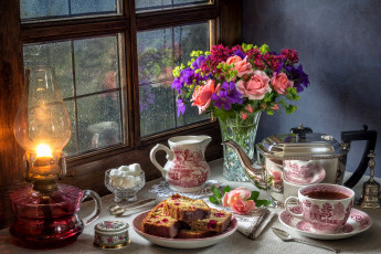 Картинка еда натюрморт цветы вкусно чай кекс сахар лампа