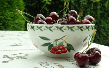 обоя еда, вишня,  черешня, зелень, вишенки, дача, надписи, ягоды, миска, стол, чашка, природа, черешня, блеск, пиала