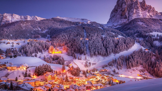 Обои картинки фото города, - огни ночного города, sunset, village, landscape, dolomites, italy