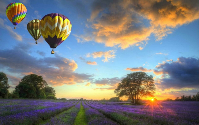 Обои картинки фото авиация, воздушные шары, пол, закат, шары