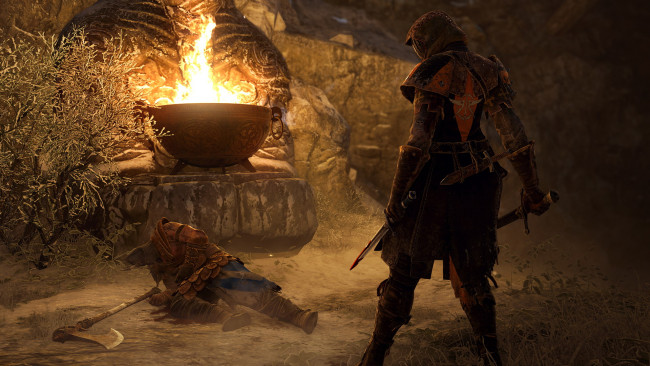 Обои картинки фото видео игры, for honor, чаша, огонь, рыцарь, оружие, топор, ассасин