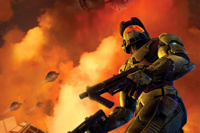 Обои картинки фото видео игры, halo 3, тучи, оружие, шлем, броня, солдат