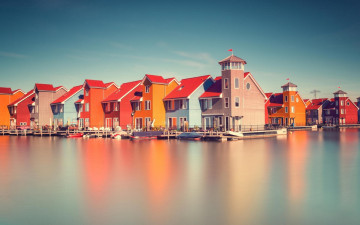 обоя гронинген,  нидерланды, города, - здания,  дома, дома, лодки, море