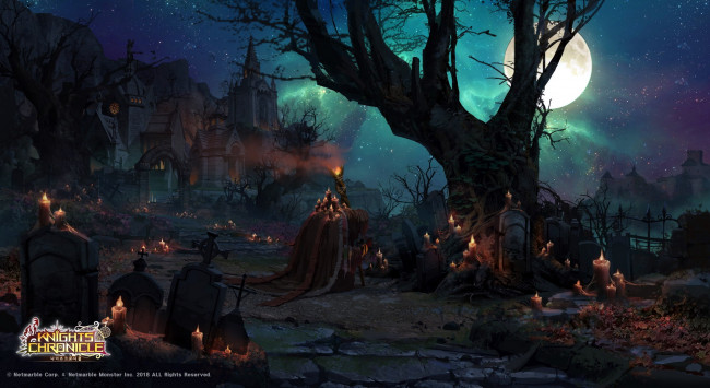 Обои картинки фото видео игры, knights chronicle, кладбище, свечи, дерево, луна, дома