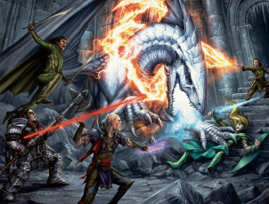 обоя видео игры, dungeons & dragons online, команда, бой, дракон
