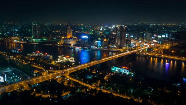 Обои картинки фото города, каир , египет, река, мост, вечер, огни