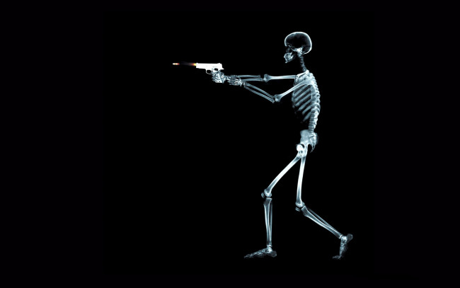 Обои картинки фото разное, кости,  рентген, скелет, пистолет, пуля, выстрел