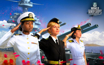 обоя видео игры, world of warships, девушки, военные, форма, награды, лепестки, корабль, пушки, море