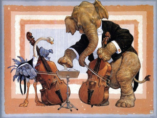 обоя рисованные, животные, слон, гусь, виолончель
