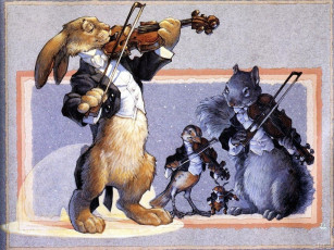 обоя рисованные, животные, заяц, белка, скрипка, жук