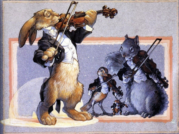 Обои картинки фото рисованные, животные, заяц, белка, скрипка, жук
